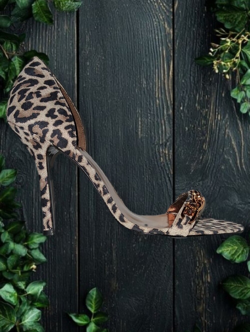 MARCIANO Leopard Print Open-Toe Stiletto Heels Chain Accent Size: 8.5